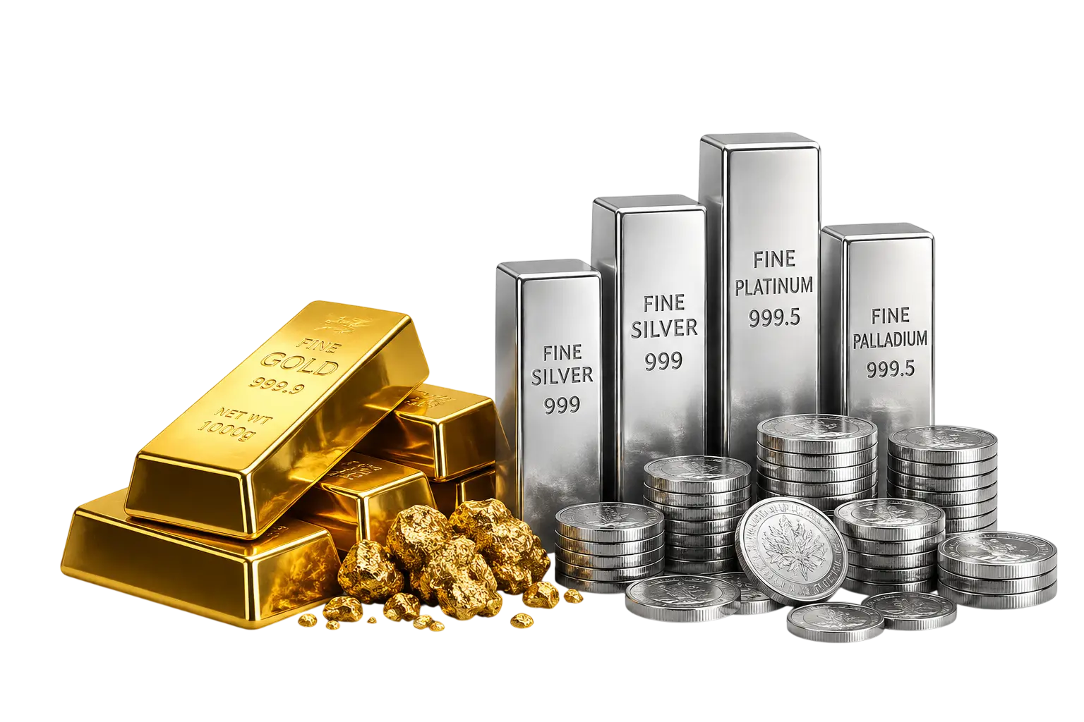 Gold silver platinum and palladium metals